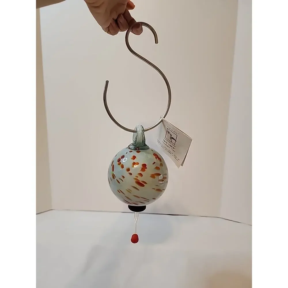 Hand Blown Parasol Recycled Glass Hummingbird Feeder Mini Droplet Aqua Swirl